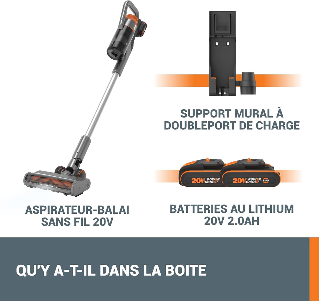 WORX 20V Akku Staubsauger WX038, 25Kpa Handstaubsauger kabellos, 45min Lange Laufzeit, leicht für Ha