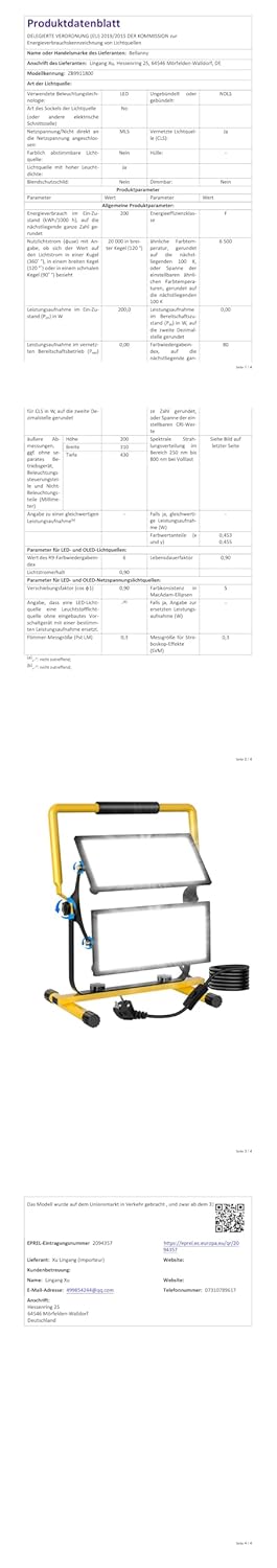 Bellanny LED Baustrahler 200W 20000LM Arbeitsscheinwerfer Arbeitsleuchte mit Stecker, 6500K Baustell