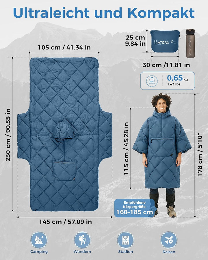 ATEPA Camping Decke Poncho, Ultraleicht Blau, Blau