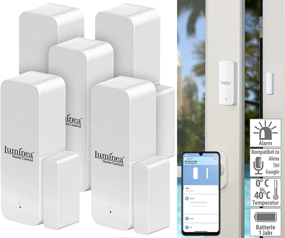 Luminea Home Control Türsensor: 5er-Set ZigBee-Tür- & Fensteralarm, für Alexa, GA und Siri, App (Tür
