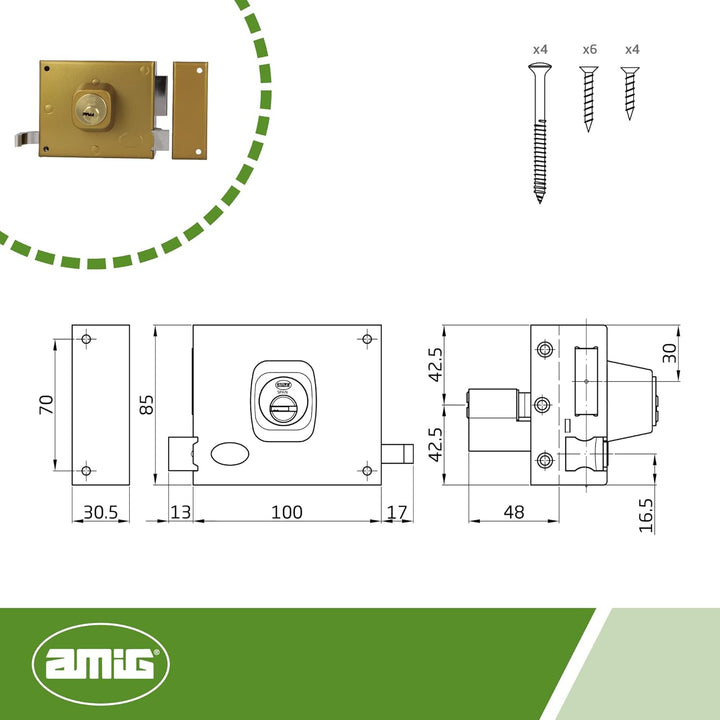 Amig - Aufschraubschloss DIN rechts mit Schliesshebel, Falle und Ziehgriff für Holztüren Mod. 73-100