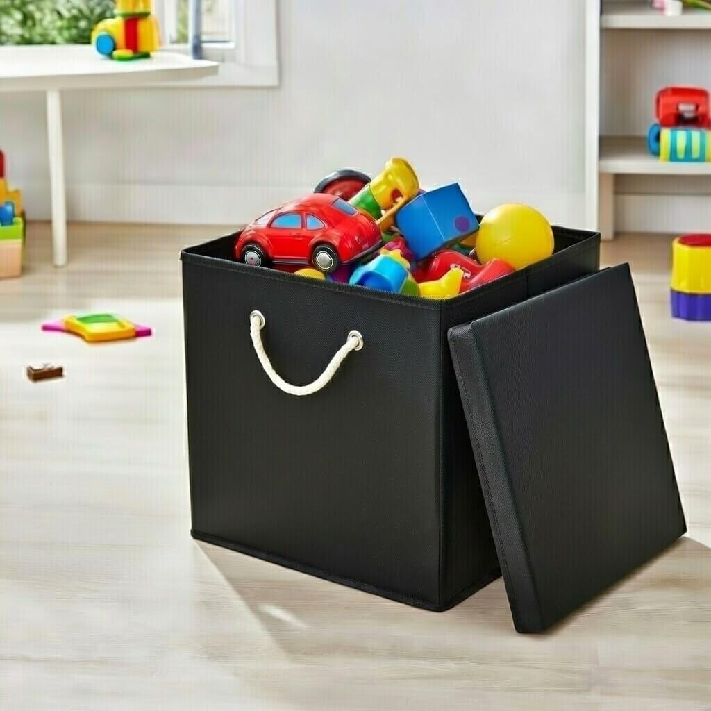Stick&amp;Shine 4x Aufbewahrungs Korb Schwarz Faltbox 30 x 30 x 30 cm Regalkorb faltbar mit Kordel und m