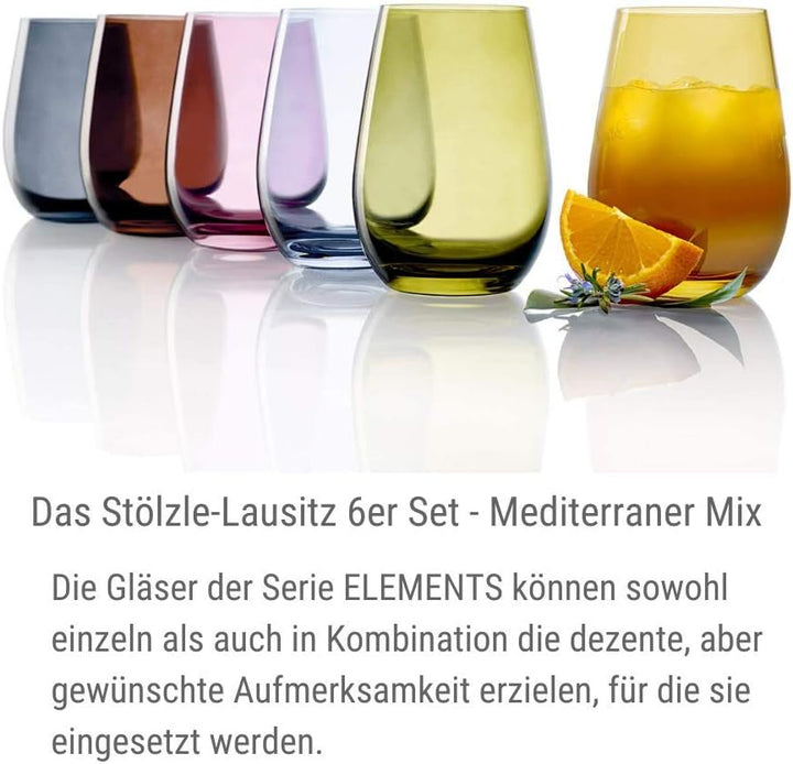 Stölzle Lausitz Wassergläser Set Elements Mediterraner Mix 465 ml randvoll / 6er Set Wassergläser Sp