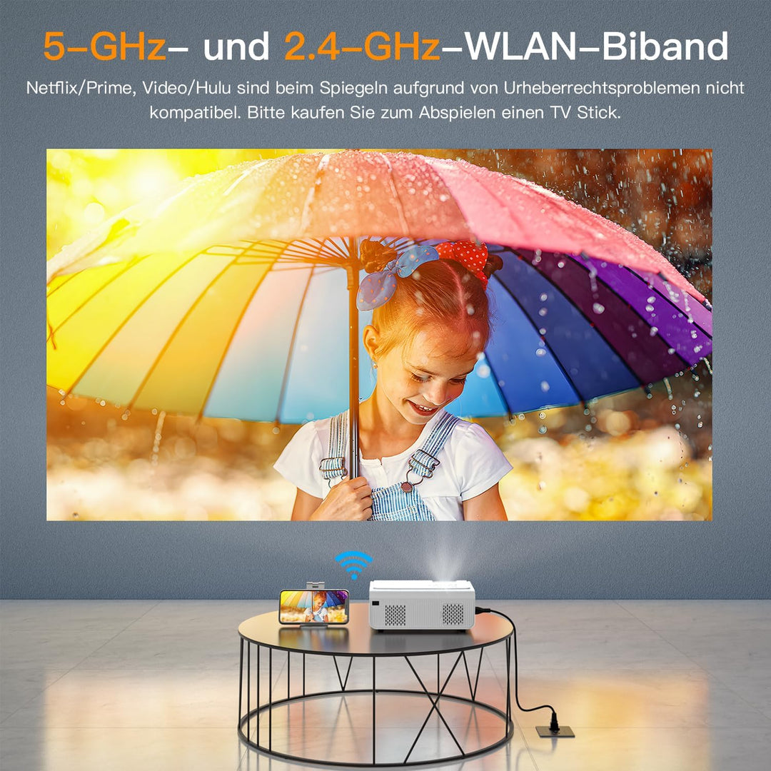 Smart Beamer【Elektrische Keystone 6D/4P】 VOPLLS Elektrische Fokus 22000 Lumen Beamer 4K Unterstützt,