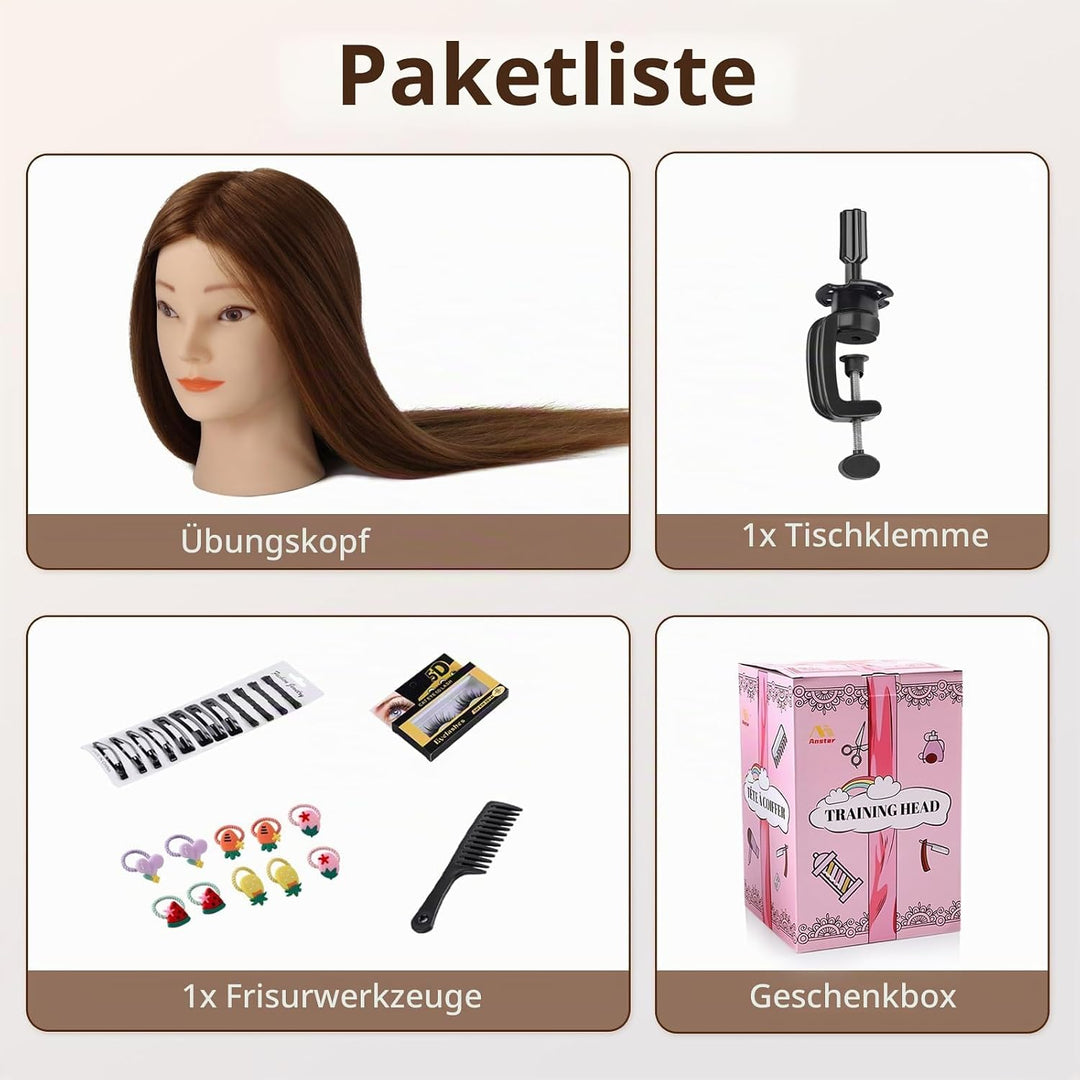 Frisierkopf 80% Echthaar Übungskopf 24 Zoll Frisieren Puppenkopf Trainingsköpfe für Friseure Ausbild