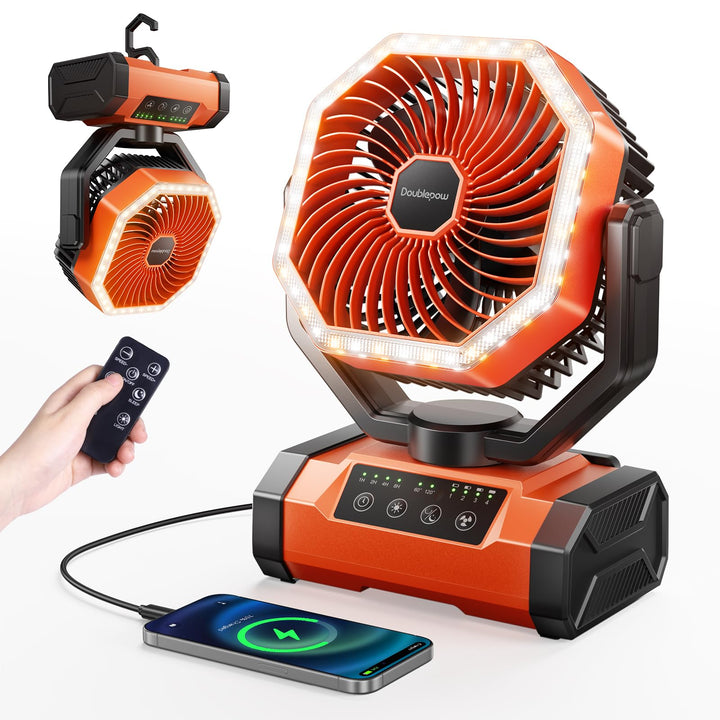 20000mAh Camping Ventilator, Aufladbare Akku Ventilator, Tragbarer Ventilators mit LED Licht, 120° O