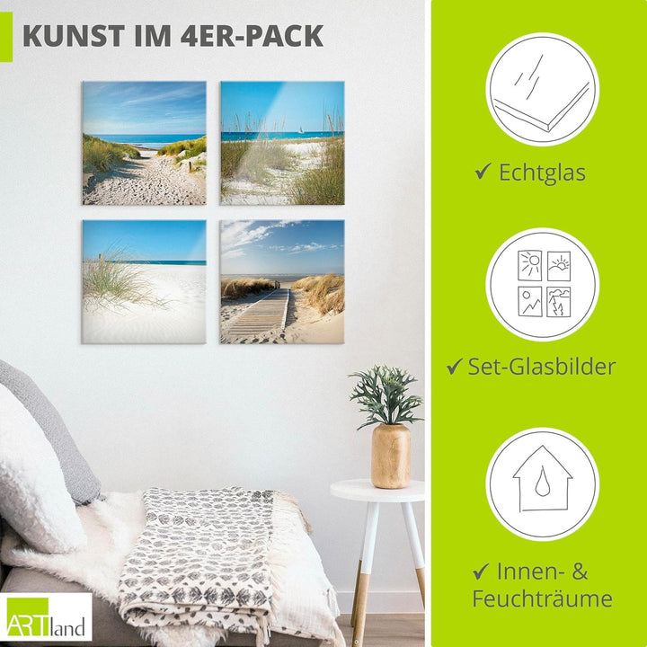 ARTland Glasbilder Wandbild Glas Bild Set 4 teilig je 30x30 cm Quadratisch Strand Meer Nordsee Küste