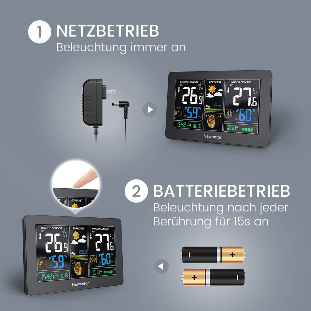 Newentor Wetterstation Funk mit 2 Aussensensoren - Funkwetterstation mit Wettervorhersage, Temperatu