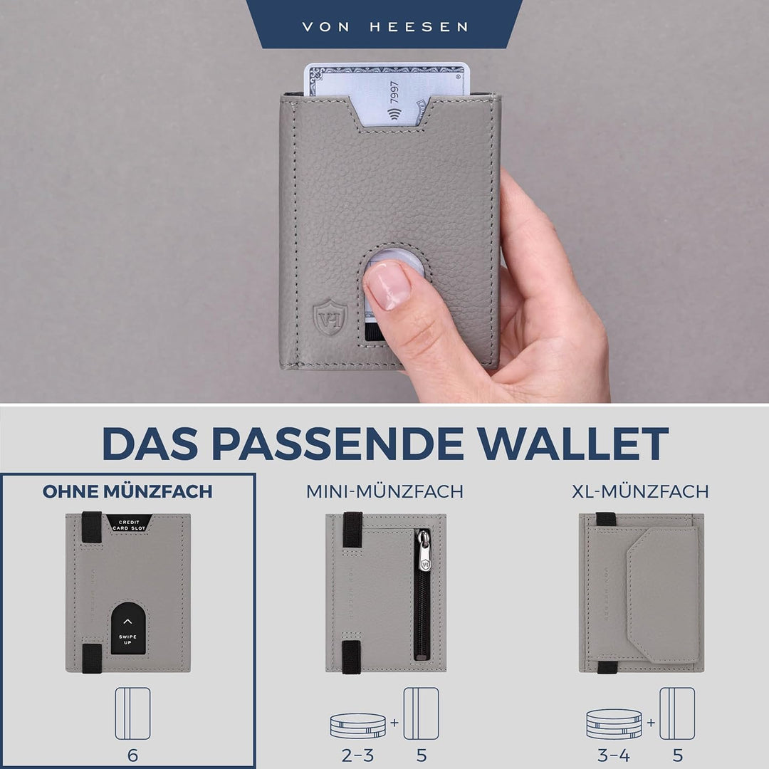 VON HEESEN Leder Slim Wallet - Geldbeutel mit RFID Schutz - Mini Geldbörse für Herren und Damen - Ka