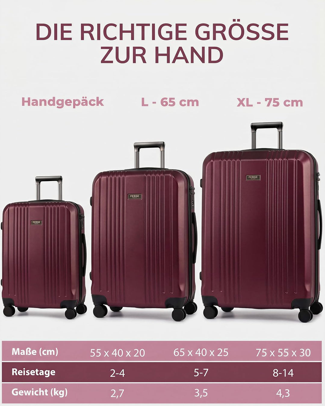 FERGÉ Kofferset 3 TLG Hartschale mit TSA-Zahlenschloss Cannes Reisekoffer Trolley-Set (Handgepäck, L