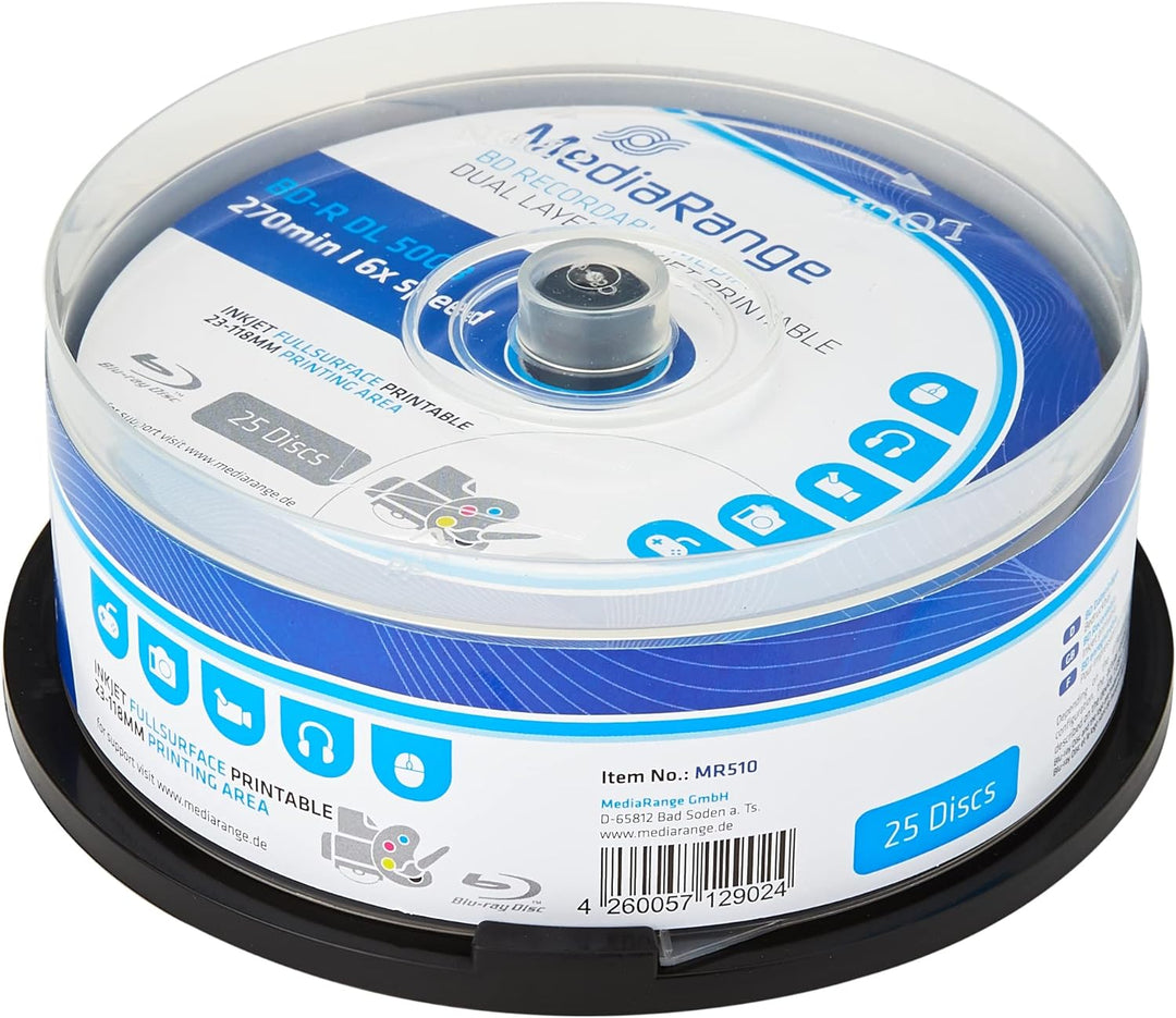 MediaRange BD-R Dual Layer 50GB 6-Fache Schreibgeschwindigkeit, Vollflächig bedruckbar, 25er Cakebox