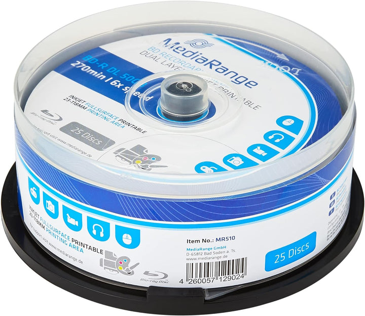 MediaRange BD-R Dual Layer 50GB 6-Fache Schreibgeschwindigkeit, Vollflächig bedruckbar, 25er Cakebox