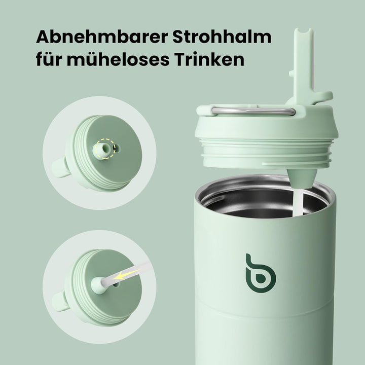 bottlebottle Edelstahl Trinkflasche mit Strohhalm 500ml, auslaufsichere Sportwasserflasche, ideal fü