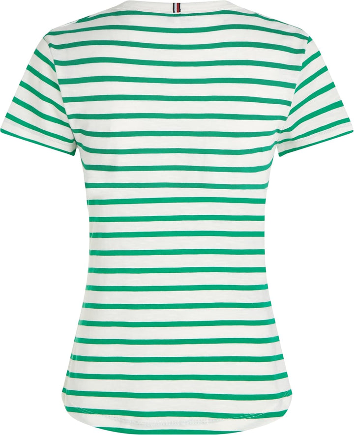 Tommy Hilfiger Damen T-Shirt Kurzarm 1985 Slub Slim Fit XL Grün (Breton Ecru/Olympic Green), XL Grün