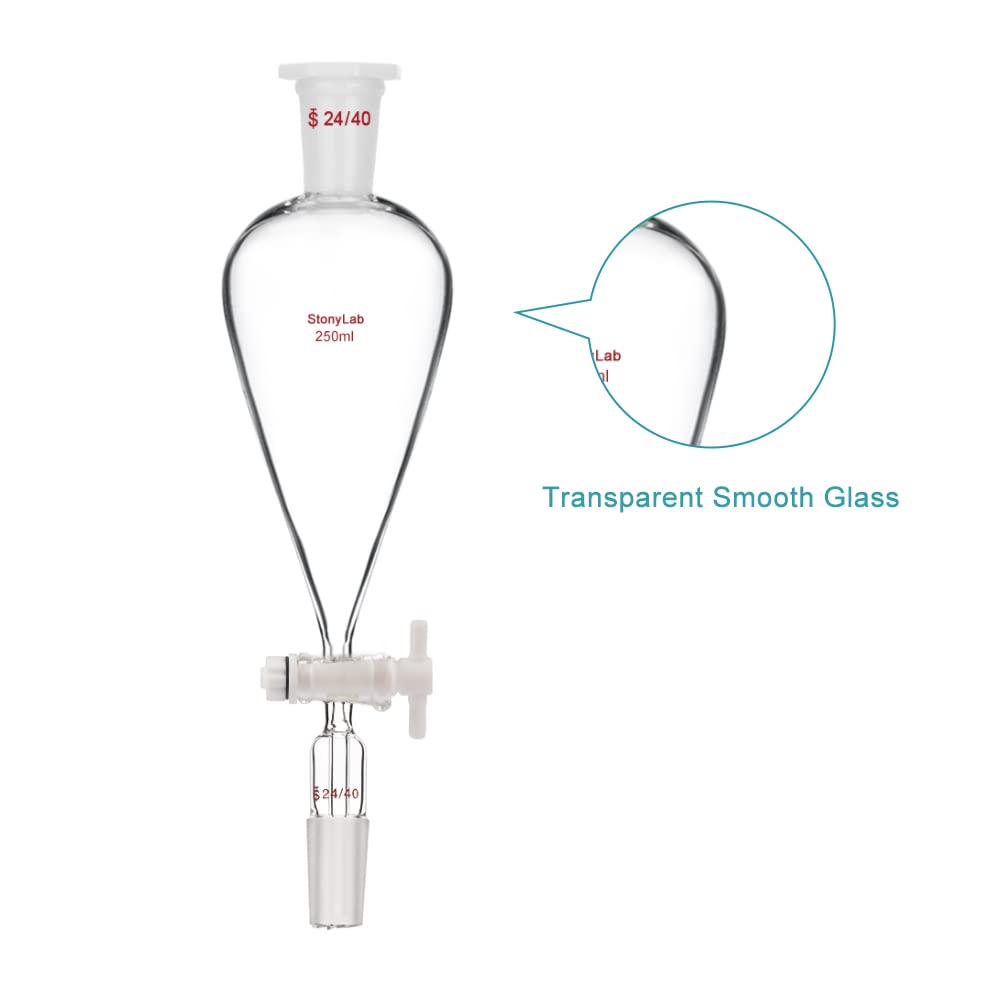 StonyLab 250 ml Trichter aus Borosilikatglas, Separatory Funnel, Schwerwandig Konisch mit 24/40 Gele