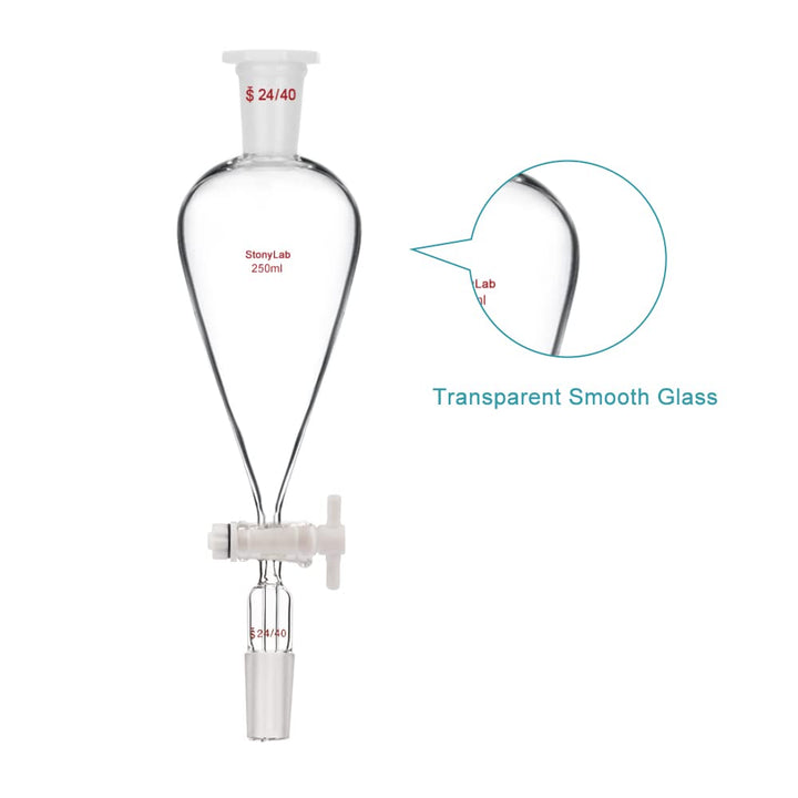 StonyLab 250 ml Trichter aus Borosilikatglas, Separatory Funnel, Schwerwandig Konisch mit 24/40 Gele