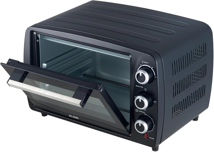 ICQN Kompakter Minibackofen 15 Liter, 1200W, 60 min-Timer, 3 Kochfuntionen, 90°-230°C, Kleiner Campi