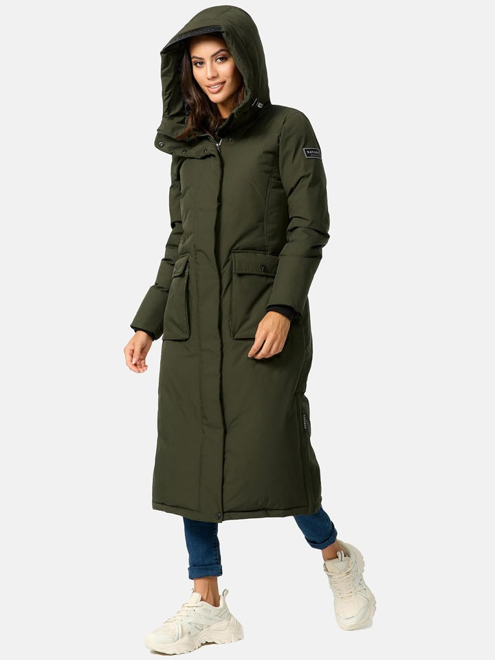 Navahoo Damen Wintermantel Warmer Mantel extralang mit Kapuze Wolkenfrost XIV XS-XXL XL Dark Olive,