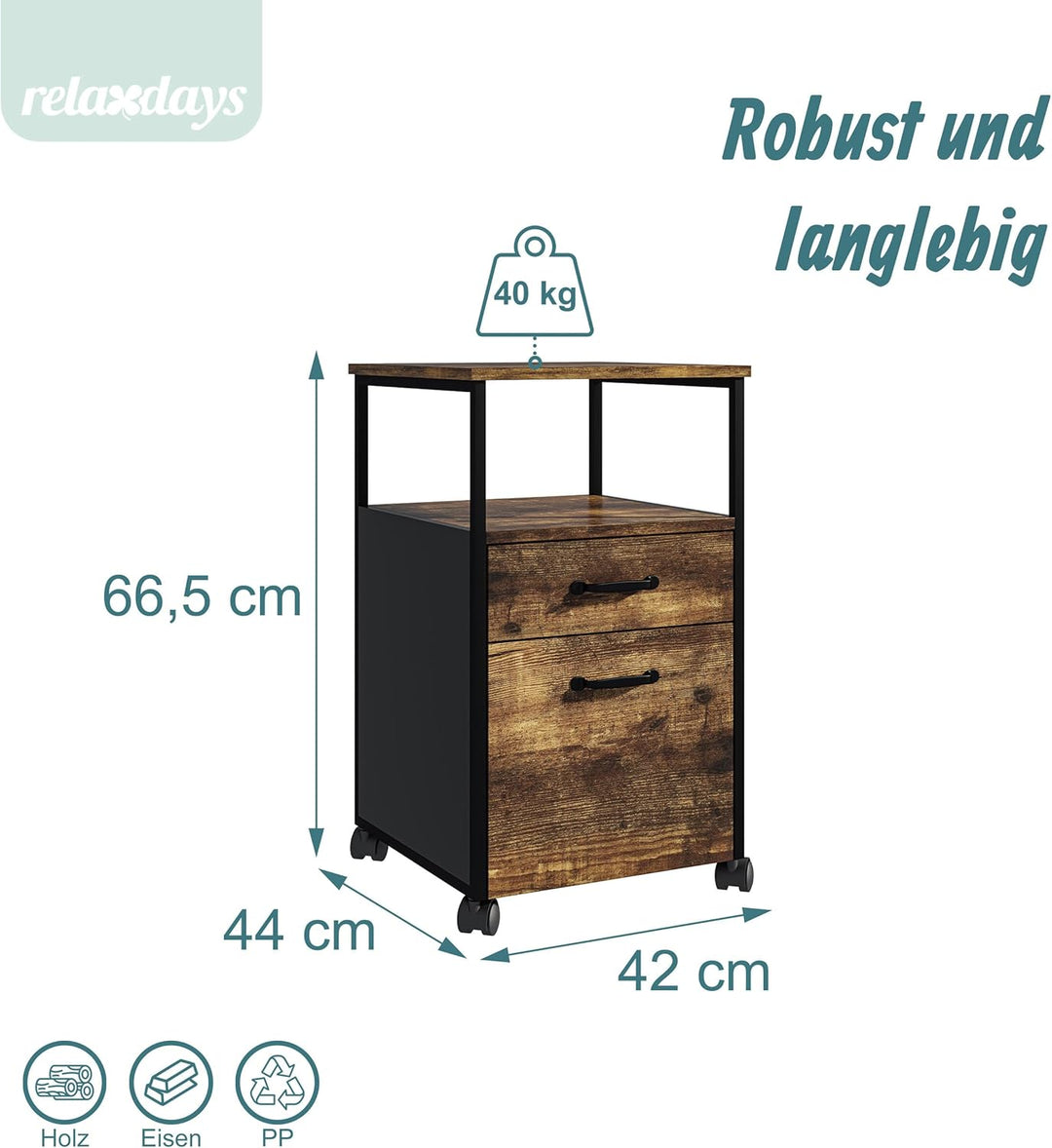 Relaxdays Rollcontainer, 2 Schubladen, Hängeregister, Industrial-Design, HBT: 66,5x42x44 cm, Aktensc