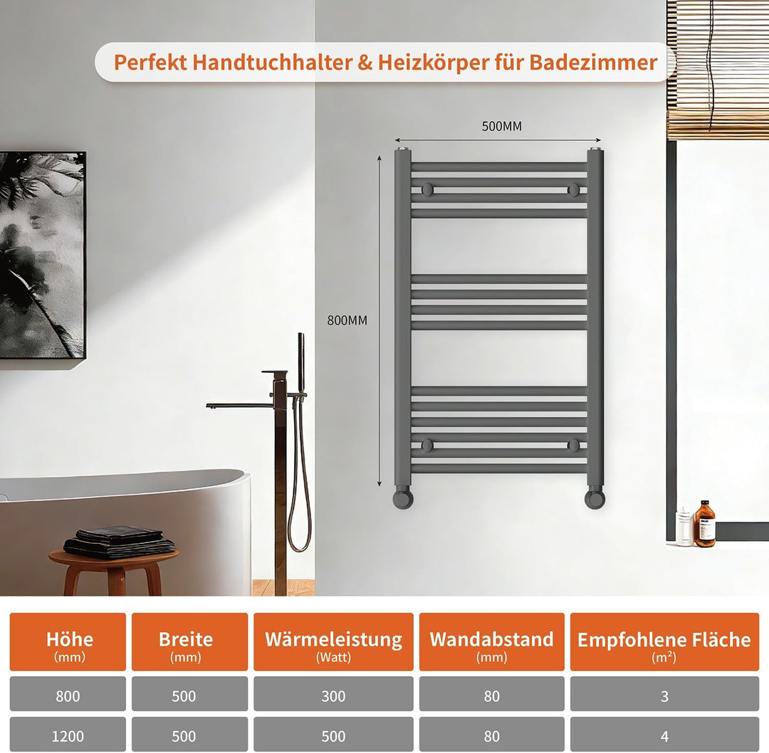 Badheizkörper Seitenanschluss 800x500mm, 300W Handtuchheizkörper & Handtuchtrockner, Einfach Install