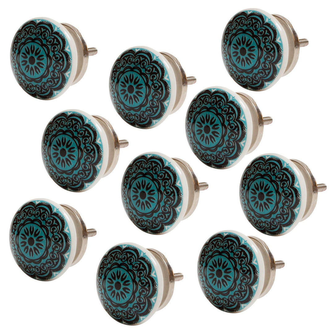 Knober Set 10 Stück Möbelknöpf Keramik Mandala Energy Shabby-Chic Schrankknöpfe Türgriff (10 X Petro