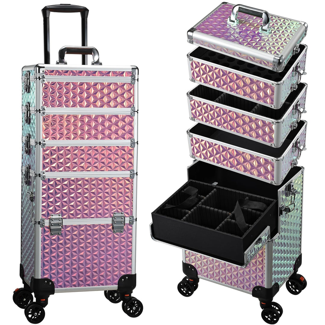 Kosmetik Trolley 5 in 1 Kosmetikkoffer Trolley Make up Koffer Gross Friseurkoffer mit Rollen Schmink