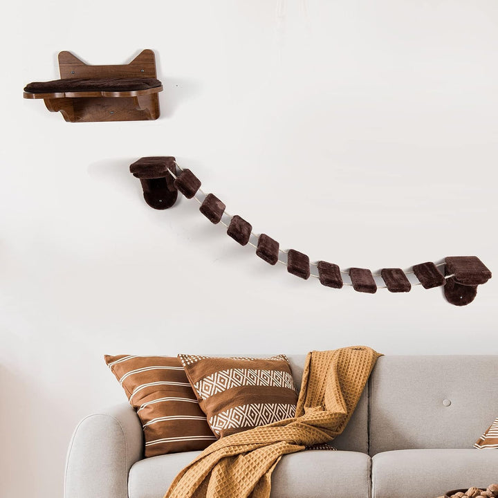 COSTWAY Kletterwand Katzen, 2 in 1 Katzenbrücke und Katzenliege, Katzenhängematte Wand Set, Hängebrü