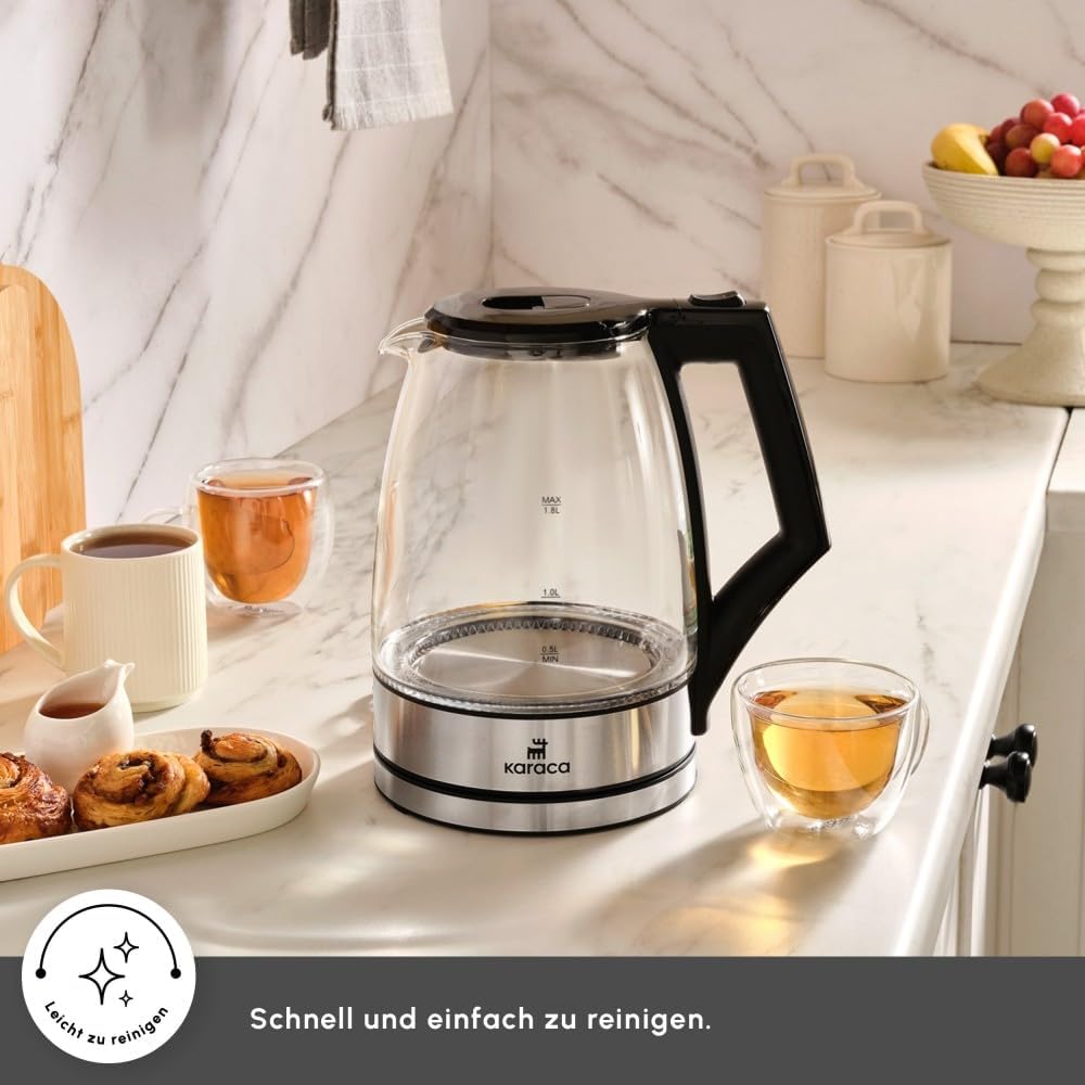 Karaca Glacia Kettle - Glas Wasserkocher Edelstahl - 2200W, 1,8 Liter, Elektrischer Wasserkocher Dur