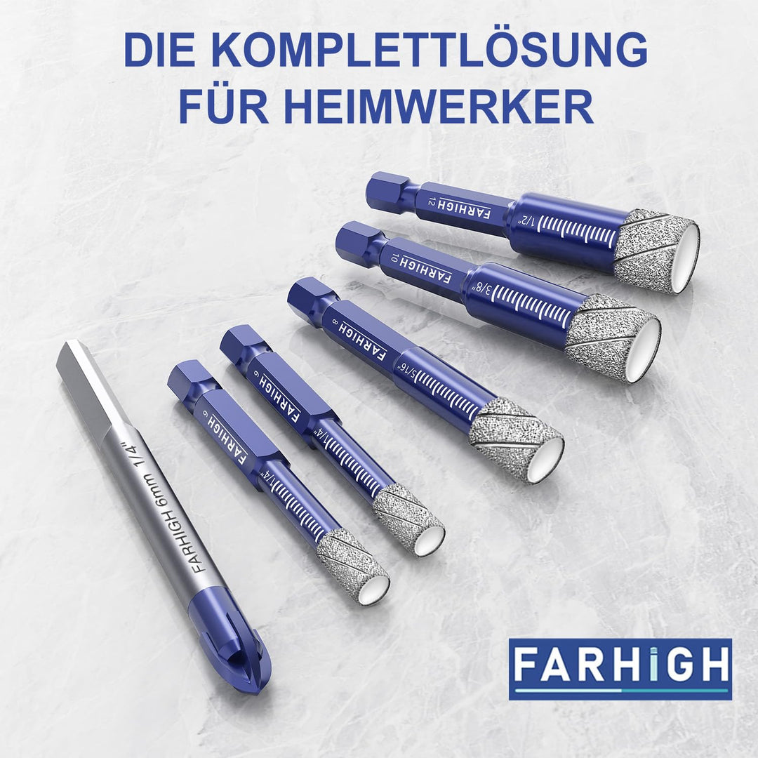 Diamantbohrer Fliesenbohrer Glasbohrer Set 6 tlg. 6, 8, 10, 12mm & 6mm Wolframstahl-Legierungsbohrer