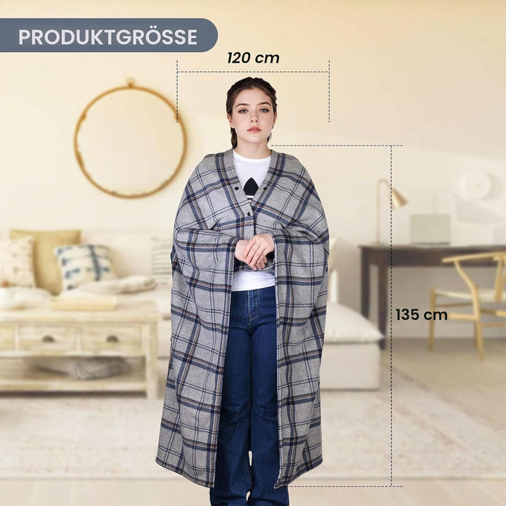 Tragbare Decke Kompaktes Kissen 2-in-1-Schossdecke Damen Poncho Fleece mit Knopf Karierte Tagesdecke