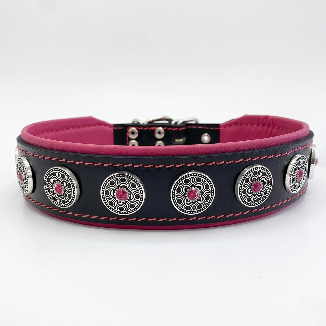 Bestia Pet BC1LPK1 Bijou Lederhalsband, Handarbeit, Top Qualität, 5 cm breit, L, schwarz und pink, L