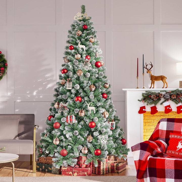 Yaheetech 228 cm künstlicher Weihnachtsbaum mit Schnee und 82 Kiefernzapfen (Ø ca.132 cm) 1346 Spitz