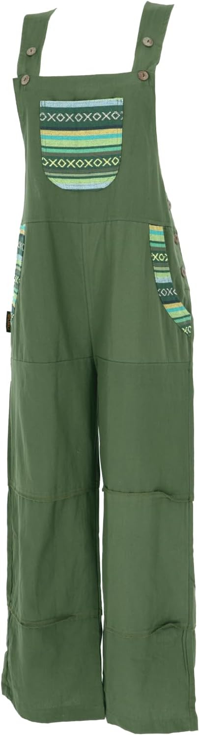 GURU SHOP Weite Latzhose, Ethno Style Oversize Einteiler, Overall, Damen, Baumwolle, Olivgrün