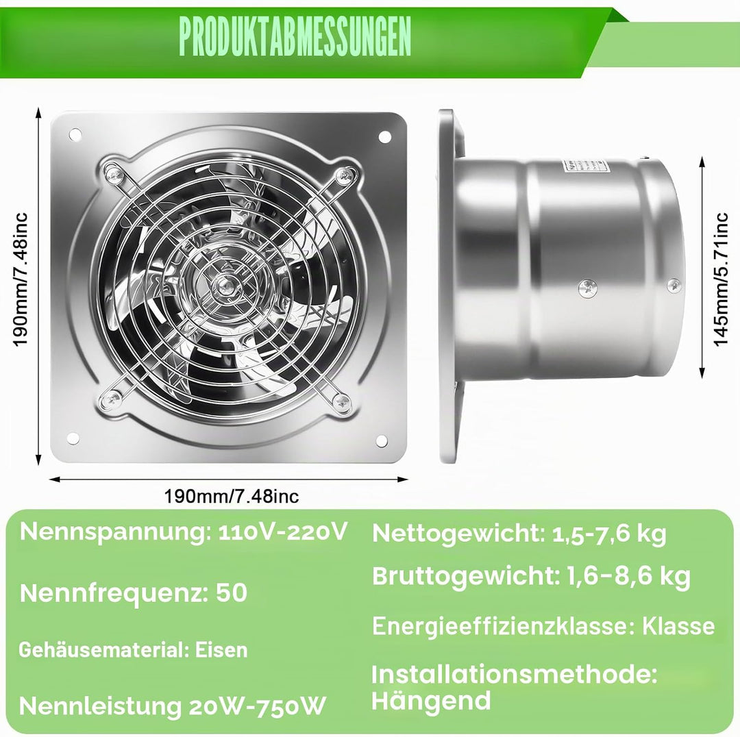 Aicharynic Abluftventilator 150mm mit Rückstauklappe, 525m³/h Wandventilator leise mit EU-Stecker –