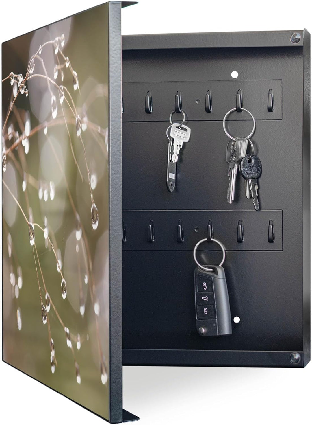 banjado® Grosser Schlüsselkasten Glas/Schlüsselbox 30cm x 30cm mit 50 Haken - Motiv Tau Auf Zweigen/