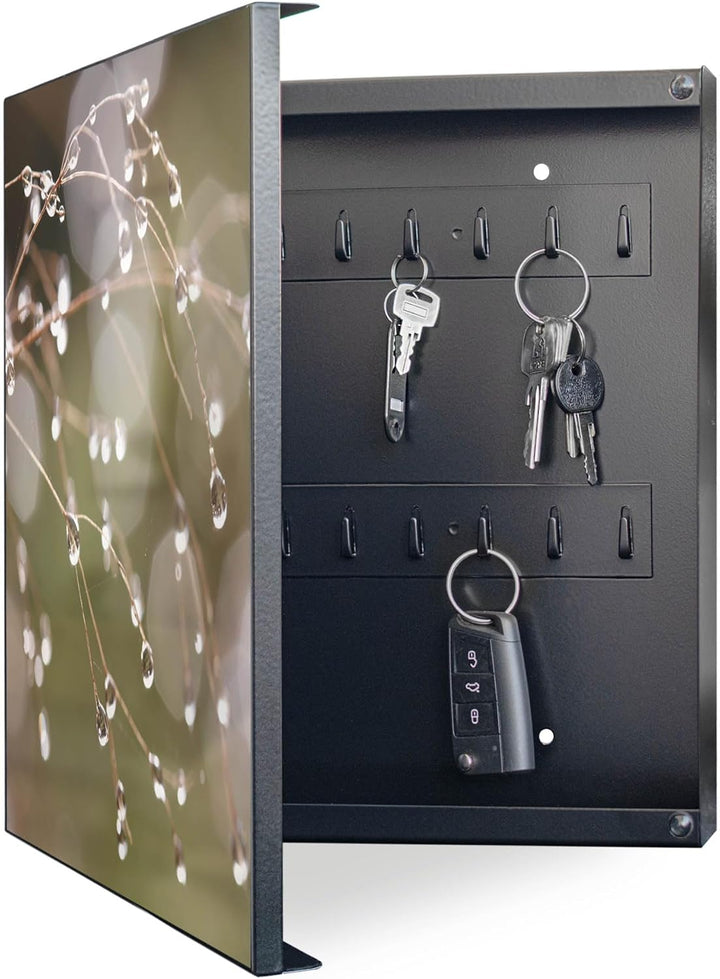 banjado® Grosser Schlüsselkasten Glas/Schlüsselbox 30cm x 30cm mit 50 Haken - Motiv Tau Auf Zweigen/