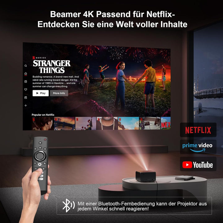 Beamer 4K Passend für Netflix Dolby Audio 35000L 1080P FHD Smart Beamer Heimkino, KI-Autofokus & Tra