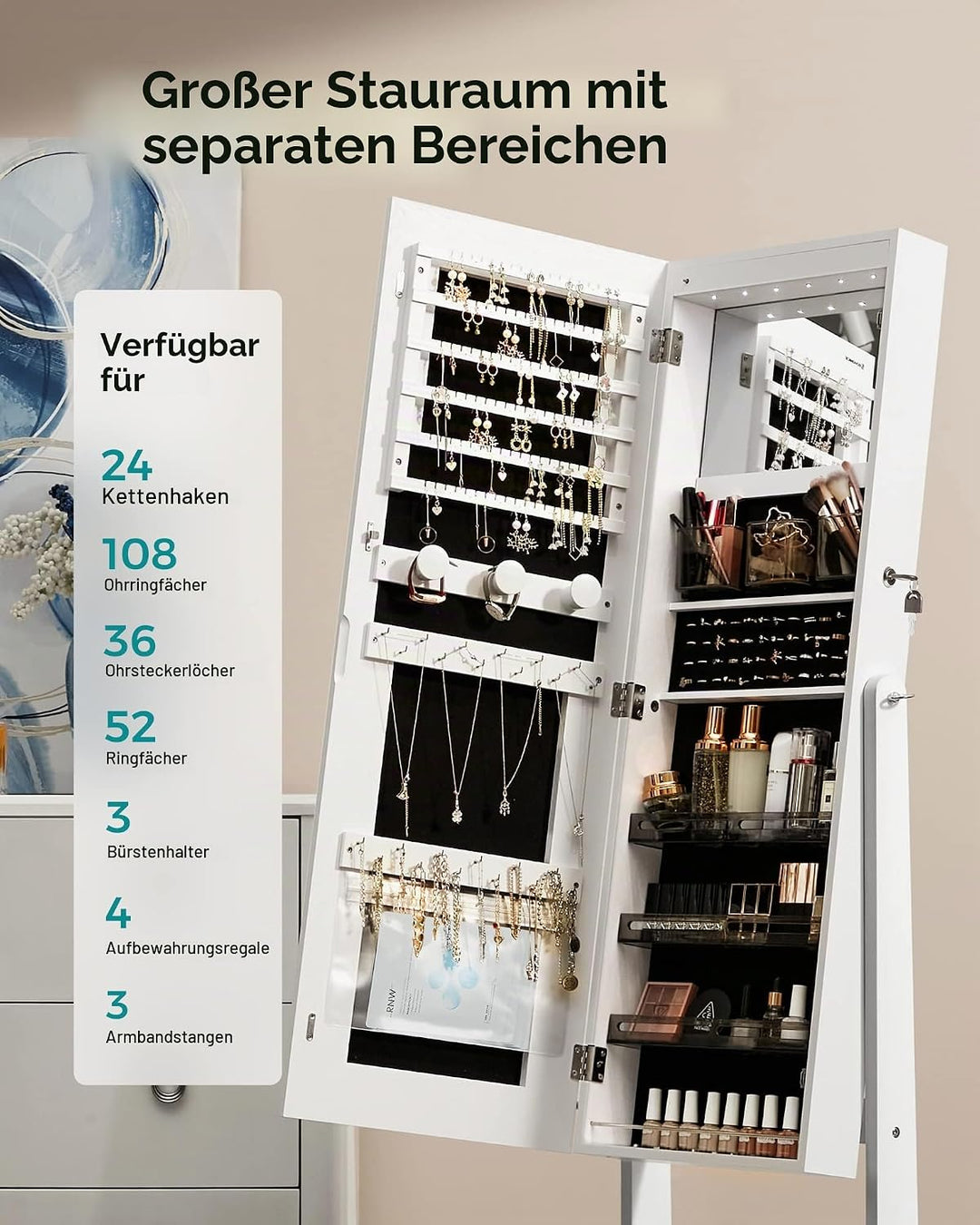 SONGMICS Schmuckschrank, Spiegelschrank, Schmuck-Organizer mit LED-Beleuchtung, einstellbare Farbe u