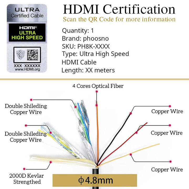 phoossno Gen 2 zertifiziertes 8K Glasfaser HDMI 2.1 Kabel Ultra High Speed HDMI Kabel 48Gbps 33ft 10