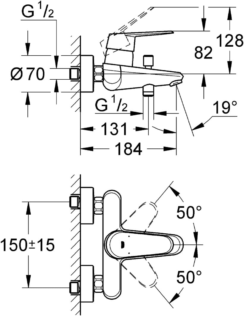 GROHE Eurodisc Cosmopolitan | Badarmaturen - Einhand-Wannenbatterie, DN 15 | Wandmontage | chrom | 3
