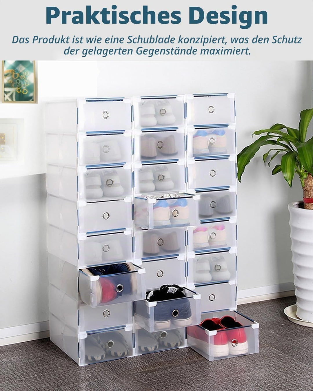10er Set Schuhboxen - Stapelbare Schuh Organizer aus transparentem Kunststoff mit Schubladen - DIY S