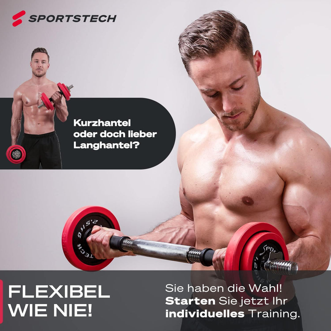 Sportstech 2in1 innovatives Hantelset mit Silikonüberzug, Kurzhanteln & Langhantel in einem, Hanteln