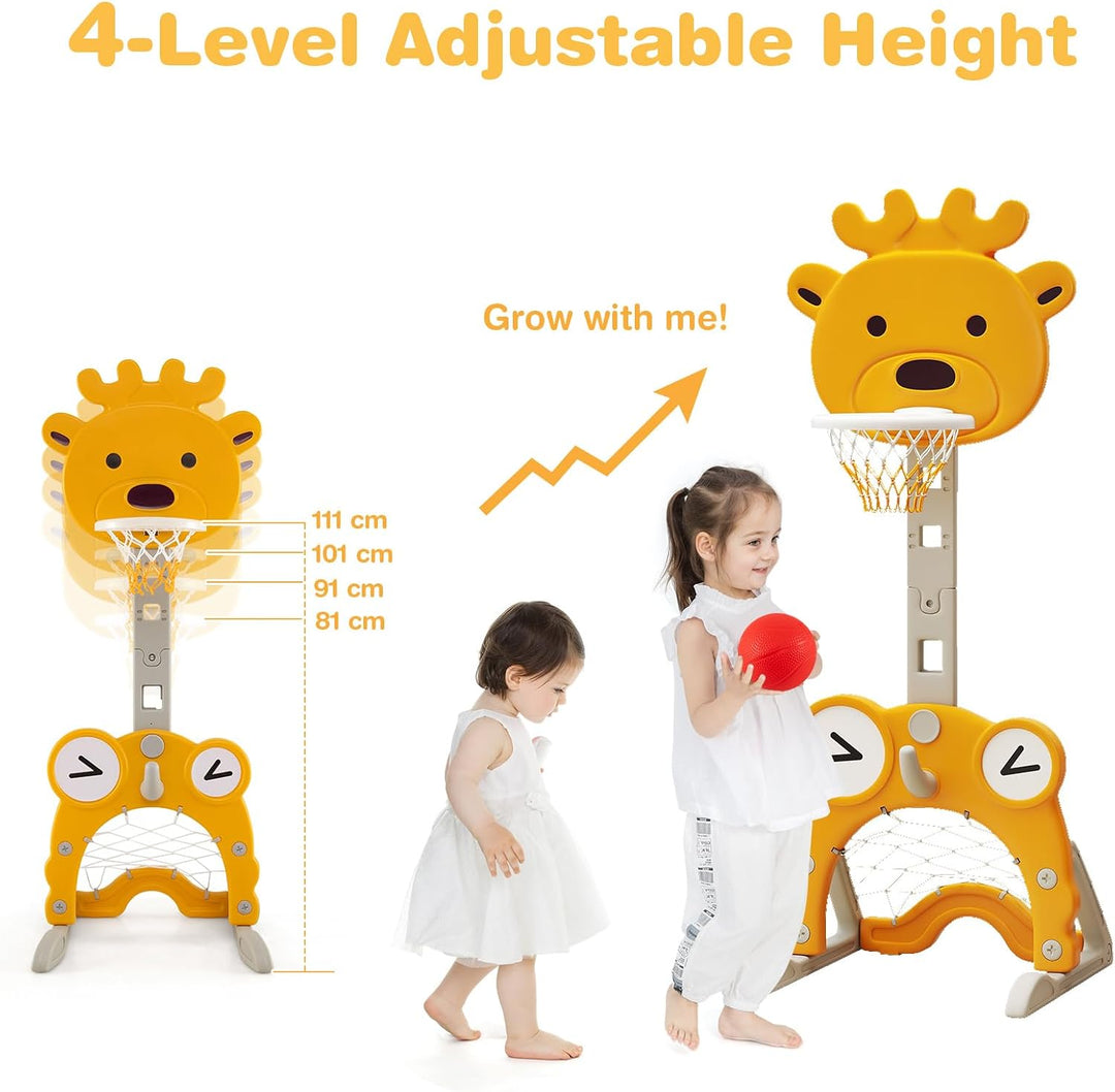 HOMASIS 4 in 1 Kinder Basketballkorb Set, multifunktional Basketballständer mit Fussballtor &amp; Golf &amp;