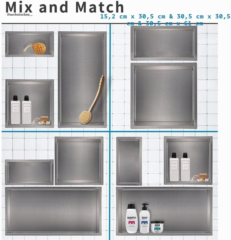 Skelang Badezimmer-Regal, Dusche, Einbau-Dusche, Edelstahl, 15 × 30 cm, Masse des Wandlochs: 13 × 28