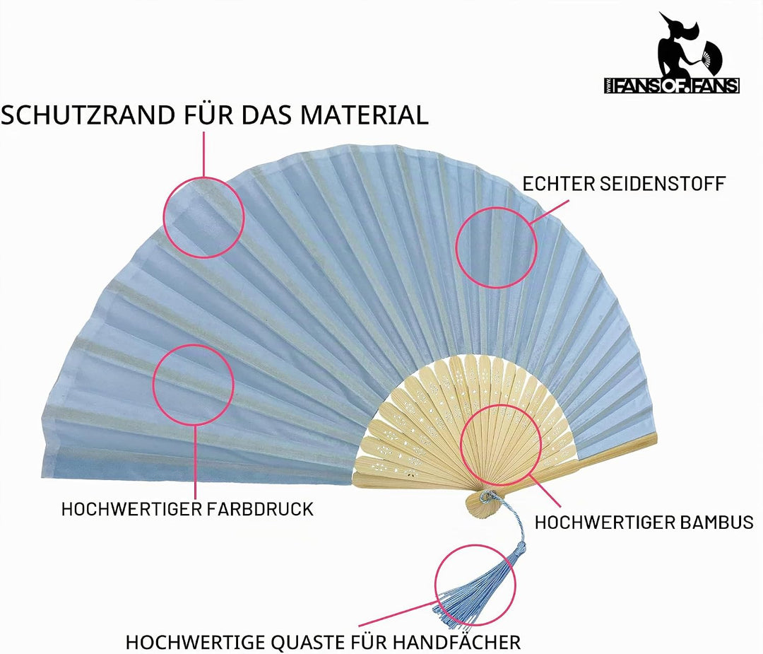 FANSOF.FANS Handfächer aus Stoff mit Quaste, Güteklasse A, Bambusrippen, für Party, Hochzeit, Gastge
