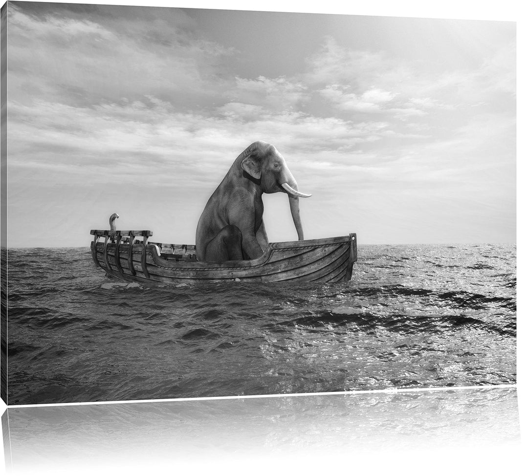 Pixxprint lustig sitzender Elefant im Boot Kunst B&W, Format: 100x70 auf Leinwand, 100x70