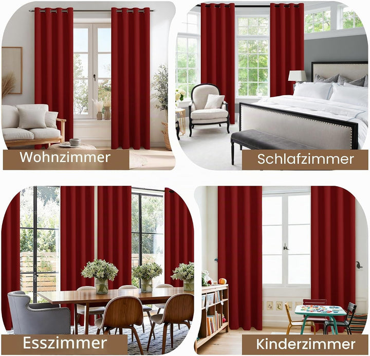 JIUZHEN Blickdicht Vorhänge Gardinen Ösenvorhang für Schlafzimmer Wohnzimmer,Rot Verdunkelungsvorhan
