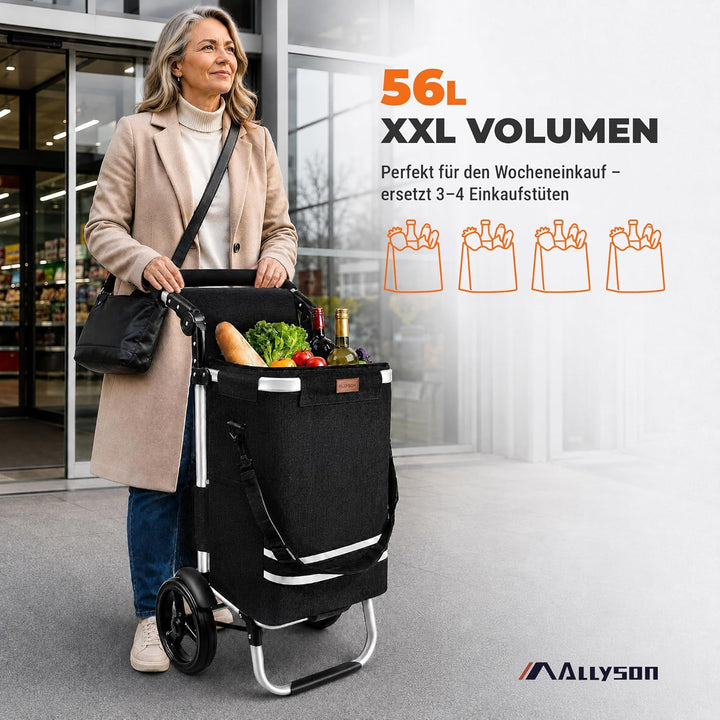 Allyson® Einkaufstrolley Klappbar, Einkaufswagen mit 56L Kapazität & Wasserdichter Tasche, Shopping-