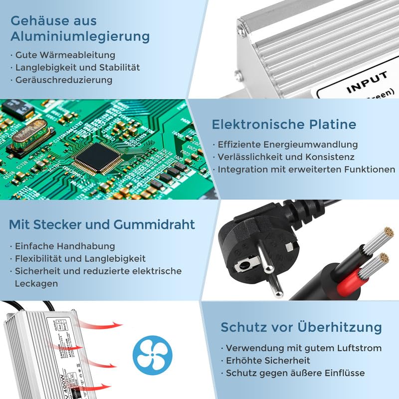 LED Trafo 24V 400W IP67, Outdoor Wasserdicht Transformator mit Stecker, LED Netzteil Treiber 230V au