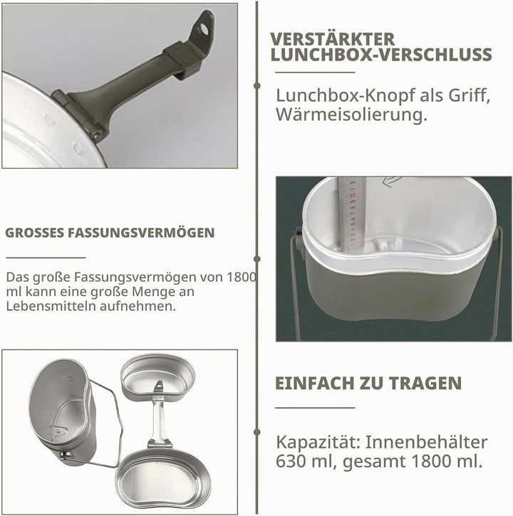 Bundeswehr Essgeschirr, Hitzebeständig Camping Kochgeschirr Outdoor mit Faltbarer Messer, Gabel und